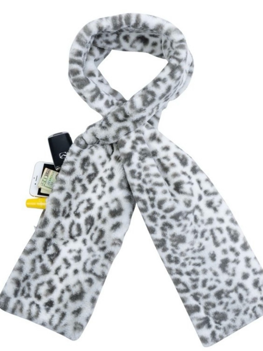 Sprigs Faux Fur Snow Leopard-Print Scarf with hidden pocket
